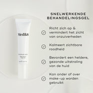 Een witte tube Medik8 Blemish SOS Rapid Action Target Gel wordt getoond. De tekst benadrukt dat dit een RAPID ACTION TREATMENT GEL is.

Vier bulletpoints met vinkjes lichten de voordelen uit: het richt zich op en vermindert de zichtbaarheid van puistjes, kalmeert zichtbare roodheid, bevordert een zuivere en gezond ogende huid en kan zowel onder als over make-up worden gebruikt.