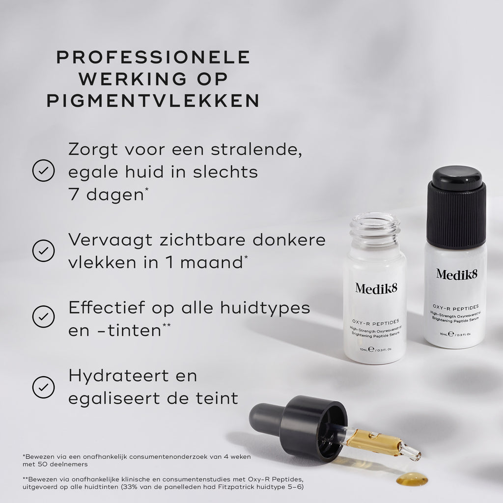 Twee kleine witte flesjes Oxy-R Peptides met druppels geel serum. De tekst benadrukt 'professionele kracht tegen donkere vlekken' en noemt voordelen zoals een stralendere huid in 7 dagen, effectiviteit op alle huidstypes en een gehydrateerde, gladde teint.