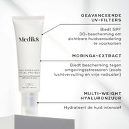 Medik8 Advanced Day Total Protect staat centraal afgebeeld. Tekstuele call-outs wijzen op de belangrijkste ingrediënten: ADVANCED UV FILTERS (SPF 30-bescherming), MORINGA EXTRACT (beschermt tegen schadelijke invloeden van buitenaf) en MULTI-WEIGHT HYALURONIC ACID (hydrateert de huid intensief).