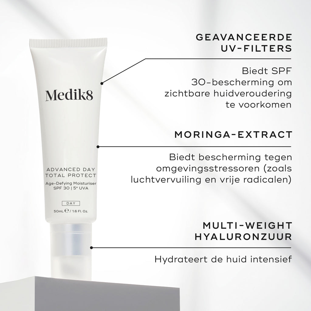 Medik8 Advanced Day Total Protect staat centraal afgebeeld. Tekstuele call-outs wijzen op de belangrijkste ingrediënten: ADVANCED UV FILTERS (SPF 30-bescherming), MORINGA EXTRACT (beschermt tegen schadelijke invloeden van buitenaf) en MULTI-WEIGHT HYALURONIC ACID (hydrateert de huid intensief).