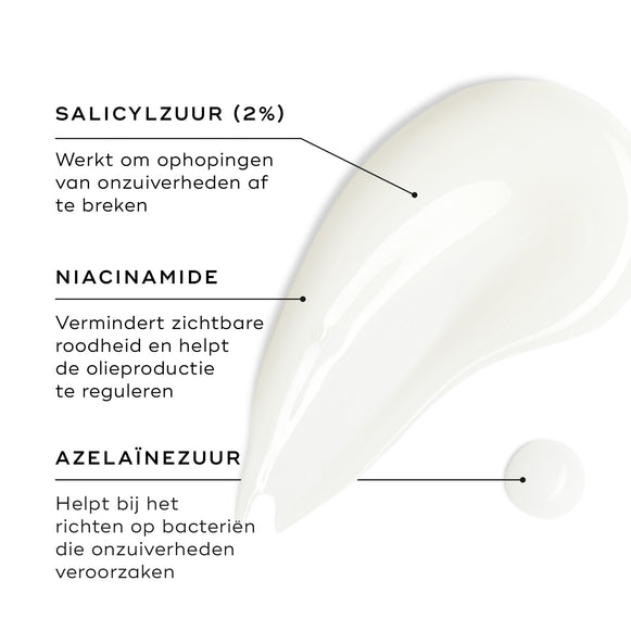 Een swatch van Medik8 Blemish SOS wordt getoond op een witte ondergrond, met een kleine druppel ernaast. Tekstuele call-outs benadrukken de belangrijkste ingrediënten: salicylzuur (2%) dat helpt bij het afbreken van ophopingen die puistjes veroorzaken, niacinamide dat zichtbare roodheid vermindert en de talgproductie helpt reguleren, en azelaïnezuur dat zich richt op bacteriën die puistjes kunnen veroorzaken.-hover-20