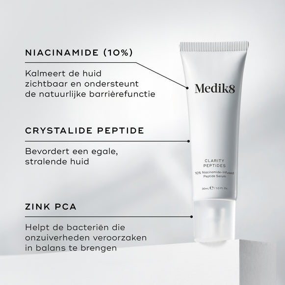 Een tube Medik8 Clarity Peptides staat op een wit blok naast details over de ingrediënten. De tekst belicht Niacinamide (10%) om de huid te kalmeren, Crystalide Peptide voor een heldere uitstraling, en Zink PCA om de bacteriën op de huid in balans te brengen.-hover-27