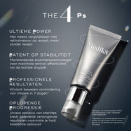 Een infographic met de titel “THE 4 Ps” tegen een donkere, licht oplichtende achtergrond, met een tube Medik8 Crystal Retinal 6 waarbij een gestippelde lijn eromheen cirkelt.

De tekst beschrijft vier kernpijlers: “Unrivalled Potency” voor een sterkte vergelijkbaar met een receptplichtige behandeling, “Patented Stability” voor maximale effectiviteit, “Professional Grade Results” voor klinisch bewezen vermindering van rimpels in 7 dagen, en “Progressive Strengths” voor het geleidelijk opbouwen van huidtolera