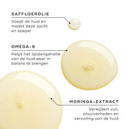 Drie oliedruppels tonen de belangrijkste ingrediënten. De tekst benadrukt saffloerolie voor voeding, omega-6 voor het in balans brengen van de lipiden en moringa-extract om onzuiverheden en vervuiling te helpen verwijderen.