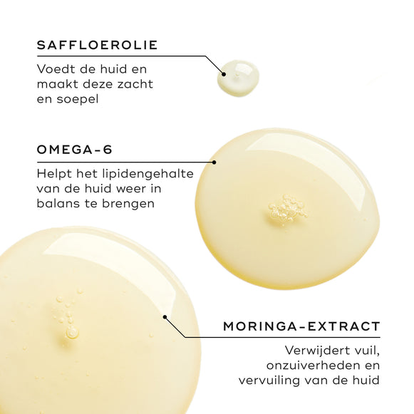 Drie oliedruppels tonen de belangrijkste ingrediënten. De tekst benadrukt saffloerolie voor voeding, omega-6 voor het in balans brengen van de lipiden en moringa-extract om onzuiverheden en vervuiling te helpen verwijderen.-hover-17