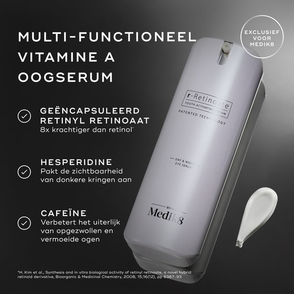 Een witte pompflacon van r-Retinoate Day & Night Eye Serum met tekstballonnen die de belangrijkste ingrediënten benadrukken: GEKAPSELD RETINYL RETINOAAT, HESPERIDINE en CAFEÏNE. Een voetnoot onderaan bevat de bronvermelding voor de retinol-claim.-hover-1