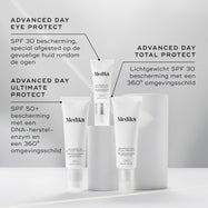 De Advanced Day-beschermingsproducten van Medik8 worden getoond met hun beschrijvingen. Advanced Day Eye Protect (SPF 30) wordt uitgelicht voor de huid rond de ogen, Advanced Day Ultimate Protect (SPF 50+) biedt DNA-herstel en bescherming tegen schadelijke invloeden van buitenaf, en Advanced Day Total Protect (lichte SPF 30) zorgt voor 360° bescherming tegen omgevingsstress.