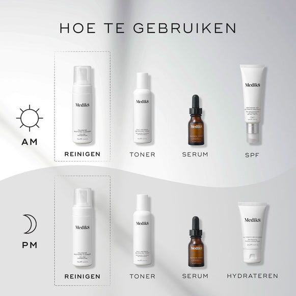 Een infographic getiteld "How To Layer" die de huidverzorgingsroutines voor de ochtend en avond beschrijft. De Medik8 Calmwise Soothing Cleanser wordt hierop gepositioneerd als de essentiële Reinigen-stap voor zowel de ochtend- als de avondroutine.-hover-4