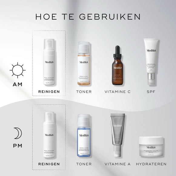 Een infographic getiteld 'How To Layer' met een overzicht van de ochtend- en avondroutine. Medik8 Micellar Mousse wordt gepresenteerd als de essentiële eerste stap (Cleanse) voor zowel AM als PM.-hover-5