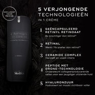 Een flacon Medik8 r-Retinoate Intense crème tegen een donkere, gevederde achtergrond. De tekst belicht 5 verjongende technologieën: Gekapseld Retinyl Retinoaat, Retinal, Ceramide Complex, Drone-Targeted Peptide en Hyaluronzuur.
