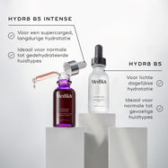 Een split-screen afbeelding waarop een model te zien is die met een pipet serum aanbrengt, naast een lijst met voordelen op een paarse achtergrond met textuur. De tekst claimt dat 100% een zichtbaar gehydrateerde huid vertoonde, dat het de hydratatie zowel direct als op de lange termijn verbetert, en dat het beschermt tegen uitdrogende omgevingsinvloeden.