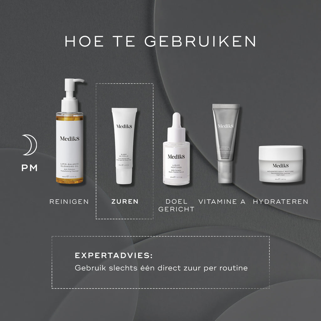 Een donkere grafiek voor een nachtelijke huidverzorgingsroutine met een maan-icoon. De getoonde Medik8-stappen zijn: Cleanse (Lipid-Balance Cleansing Oil), Direct Acid (Sleep Glycolic), Target (Liquid Peptides), Vitamin A (Crystal Retinal) en Moisturise (Advanced Night Restore). De stap 'Direct Acid' is omlijnd. Onderschrift: "Expertadvies: Gebruik slechts één direct zuur per routine."