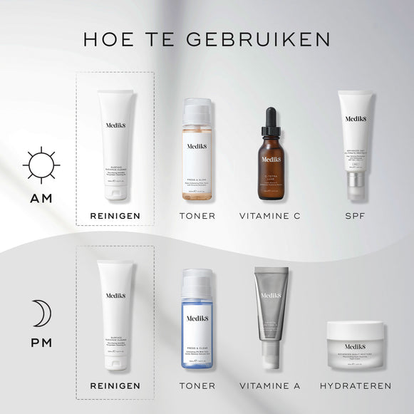 Een 'How to Layer'-gids die de Medik8 Surface Radiance Cleanse toont als de eerste stap voor zowel de ochtend- als avondroutine. Ochtendroutine (AM): Begint met Reinigen (Surface Radiance Cleanse), gevolgd door Tonifiëren (Press & Glow), Vitamine C (C-Tetra Luxe) en Zonnebrandcrème (Advanced Day Ultimate Protect). Avondroutine (PM): Begint met Reinigen (Surface Radiance Cleanse), gevolgd door Tonifiëren (Press & Clear), Vitamine A (Crystal Retinal) en Hydrateren (Advanced Night Restore).-hover-3