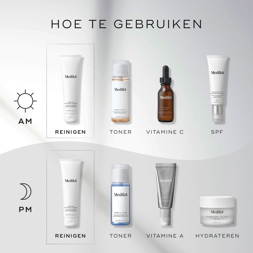 Een 'How to Layer'-gids die de Medik8 Surface Radiance Cleanse toont als de eerste stap voor zowel de ochtend- als avondroutine. Ochtendroutine (AM): Begint met Reinigen (Surface Radiance Cleanse), gevolgd door Tonifiëren (Press & Glow), Vitamine C (C-Tetra Luxe) en Zonnebrandcrème (Advanced Day Ultimate Protect). Avondroutine (PM): Begint met Reinigen (Surface Radiance Cleanse), gevolgd door Tonifiëren (Press & Clear), Vitamine A (Crystal Retinal) en Hydrateren (Advanced Night Restore).
