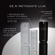Drie Medik8 r-Retinoate producten gepresenteerd op een reflecterend oppervlak: r-Retinoate Day & Night en r-Retinoate Day & Night Eye Serum (beide voor gebruik in de ochtend en avond), en r-Retinoate Intense (alleen voor gebruik in de avond).
