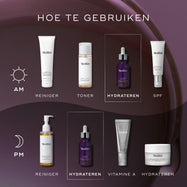 Een "Hoe te lagen"-gids die Medik8 Hydr8 B5 Intense toont als de 'Hydrate'-stap voor zowel de ochtend- als avondroutine. De AM-routine bestaat uit Surface Radiance Cleanse (reiniging), Press & Glow (toner), Hydr8 B5 Intense (hydratatie) en Advanced Day Ultimate Protect (zonnebrandcrème). De PM-routine begint met Lipid-Balance Cleansing Oil (reiniging), gevolgd door Hydr8 B5 Intense (hydratatie), Crystal Retinal (vitamine A) en Advanced Night Restore (nachtcrème).