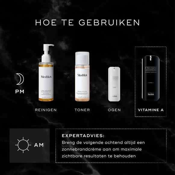 Een "Hoe te lagen"-infographic die een PM-routine (avondroutine) toont: Medik8 Lipid-Balance Cleansing Oil voor Reinigen, Press & Glow voor Tonifiëren, r-Retinoate Eye voor de Ogen en r-Retinoate Intense als Vitamine A-stap. Een deskundig advies merkt op om de volgende ochtend altijd zonnebrandcrème te dragen.-hover-2