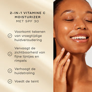 Een model met een stralende huid glimlacht naast een lijst met productvoordelen op een zachte gouden achtergrond. De tekst benadrukt de 2-in-1 vitamine C moisturizer met SPF 30 van Medik8:

Voorkomt tekenen van vroegtijdige huidveroudering

Verbetert de huidstraling

Hydrateert de teint

100% geeft aan dat hun huid zich de hele dag beschermd voelt