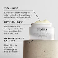 Close-up van Intelligent Retinol Smoothing Night Cream, waarbij een witte pot met crème zichtbaar is en labels naar ingrediënten wijzen. De achtergrond is een lichte, gestructureerde ondergrond. Tekstvakken benadrukken VITAMINE E, RETINOL (0,2%) en DRAGONFRUIT-EXTRACT.