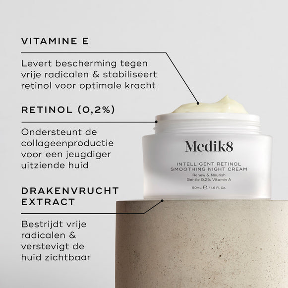 Close-up van Intelligent Retinol Smoothing Night Cream, waarbij een witte pot met crème zichtbaar is en labels naar ingrediënten wijzen. De achtergrond is een lichte, gestructureerde ondergrond. Tekstvakken benadrukken VITAMINE E, RETINOL (0,2%) en DRAGONFRUIT-EXTRACT.-hover-20