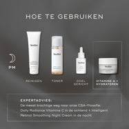 HOW TO LAYER-gids die vier producten toont op een donkergrijze achtergrond: ‘SURFACE RADIANCE CLEANSER’, ‘PRESS & GLOW’, TARGET en VITAMINE A + MOISTURISER