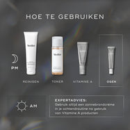 Een HOE TE GEBRUIKEN-diagram voor een PM-skincare routine. Het omvat Cleanse (Medik8 Surface Radiance Cleanse), Tone (Medik8 Press & Glow), Vitamin A (Medik8 Crystal Retinal) en Eyes (Medik8 Crystal Retinal Ceramide Eye). Expertadvies voor de AM benadrukt het gebruik van zonnebrandcrème na vitamine A-producten.
