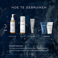 Een HOW TO LAYER-schema toont een PM-skincare routine. Het omvat Cleanse (Medik8 Lipid-Balance Cleansing Oil), Tone (Medik8 Press & Glow), Vitamin A (Medik8 Crystal Retinal) en Mask (Medik8 H.E.O. Mask Stap 1 en Stap 2). Expertadvies suggereert om Hydr8 B5 Intense tussen de H.E.O. Mask-toepassingen aan te brengen om de zichtbare resultaten te versterken.