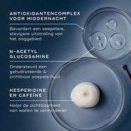 Drie petrischaaltjes tonen de belangrijkste ingrediënten tegen een blauwe achtergrond. De tekst benadrukt het Midnight Antioxidant Complex voor meer stevigheid, N-acetylglucosamine voor hydratatie en hesperidine & cafeïne om donkere kringen te helpen verminderen.