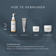 Het ‘How to Layer’-schema toont een avondlijke skincare-routine. Medik8 Advanced Night Eye wordt weergegeven als de stap voor de ogen, na het reinigen en vitamine A, en vóór de moisturizer.