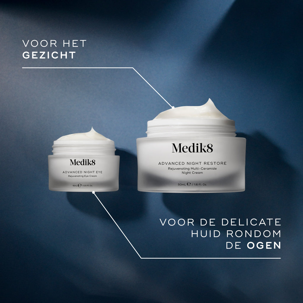 De vergelijkingsafbeelding toont de pot Medik8 Advanced Night Eye naast de grotere pot Advanced Night Restore. De tekst geeft aan dat de kleinere pot bedoeld is voor de delicate huid rond de ogen en de grotere voor het gezicht.