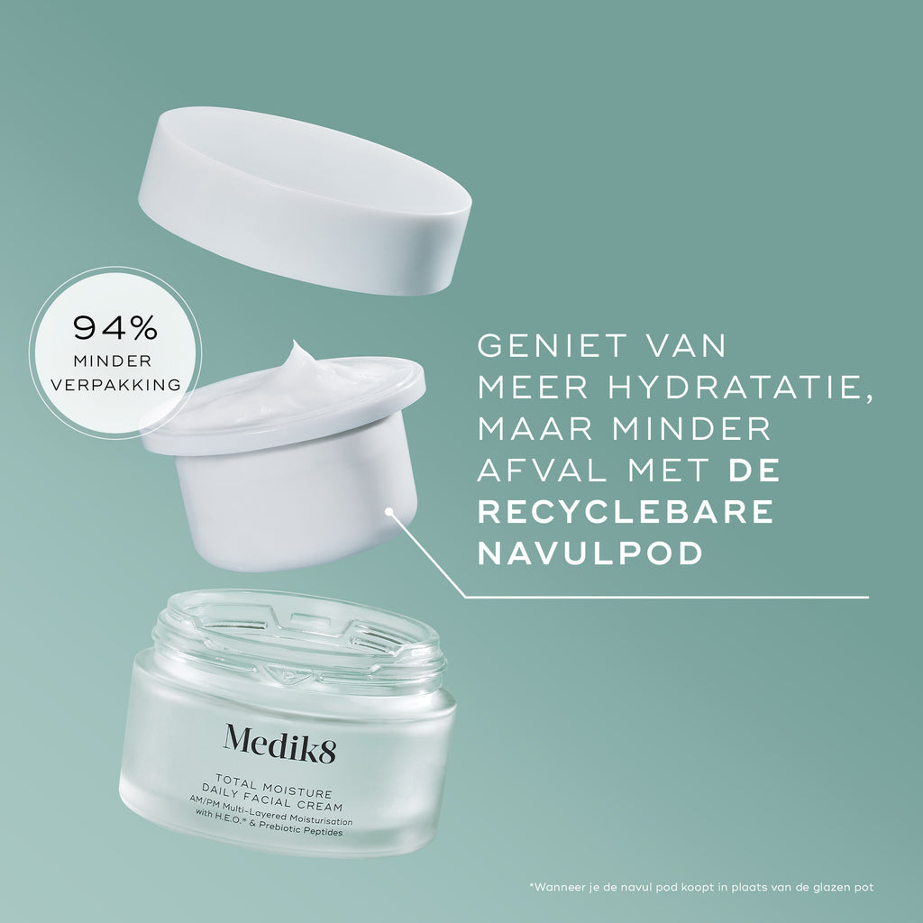 Een exploded view van de verpakking van Medik8 Total Moisture Daily Facial Cream tegen een teal achtergrond. Onderaan staat de lege, matglazen pot, daarboven zweeft een recyclebare navulpod met witte crème, en bovenaan zweeft de witte deksel. Tekst benadrukt: “GENIET VAN MEER HYDRATATIE MET MINDER AFVAL MET DE RECYCLEBARE NAVULPOD,” en een ronde badge vermeldt: “94% MINDER VERPAKKING.”
