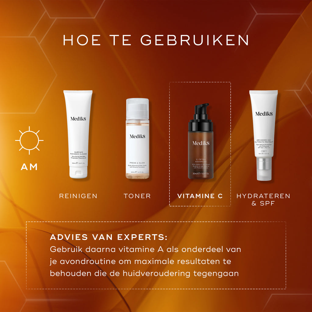 Medik8 skincare-layeringgids voor de ochtendroutine, met een cleanser, toner, C-Tetra Advanced serum voor het verhelderen van de huid, en een SPF-moisturiser voor optimale huidbescherming en hydratatie.