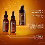 Medik8 vitamine C-serumassortiment, bestaande uit C-Tetra (introductieve vitamine C), C-Tetra Luxe (voedende glow) en C-Tetra Advanced (anti-aging formule), weergegeven tegen een warm getinte achtergrond.