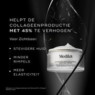 Pot van Medik8 Advanced Pro-Collagen+ Peptide Cream weergegeven tegen een zwarte achtergrond met abstracte structurele graphics. Tekst claimt dat het helpt de collageenproductie met 45% te verhogen voor zichtbaar stevigere huid, verminderde rimpels en verbeterde elasticiteit.