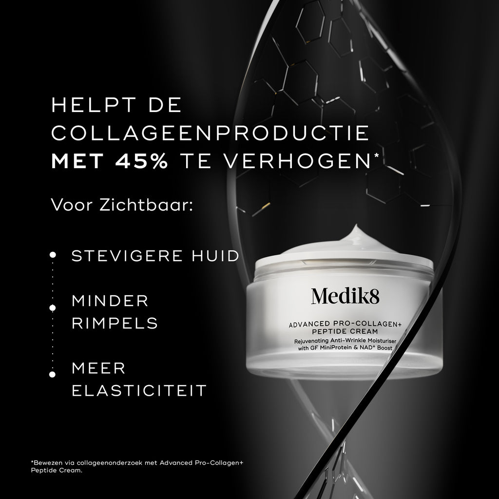 Pot van Medik8 Advanced Pro-Collagen+ Peptide Cream weergegeven tegen een zwarte achtergrond met abstracte structurele graphics. Tekst claimt dat het helpt de collageenproductie met 45% te verhogen voor zichtbaar stevigere huid, verminderde rimpels en verbeterde elasticiteit.