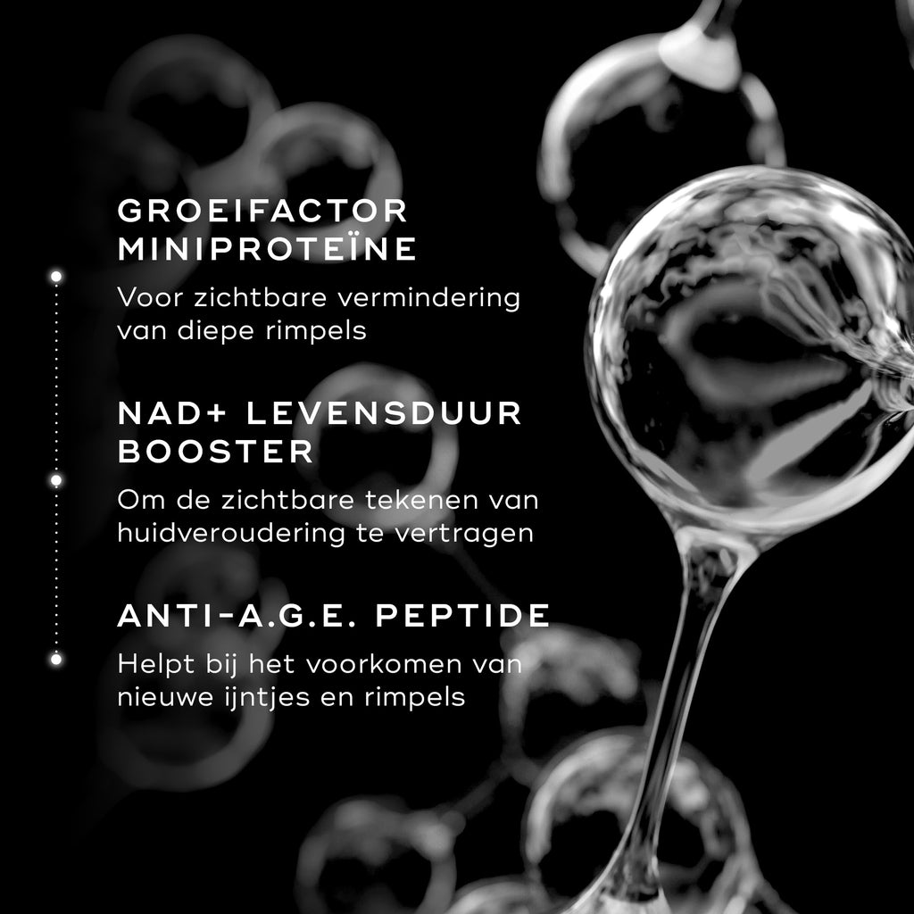Abstracte cellulaire graphics op een zwarte achtergrond die belangrijke ingrediënten voor Medik8 Advanced Pro-Collagen+ Peptide Cream benadrukken. Tekst beschrijft de voordelen van Growth Factor Miniprotein, NAD+ Longevity Booster en Anti-A.G.E. Peptide voor rimpelvermindering.
