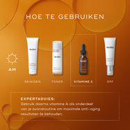 Medik8 layering-gids getiteld 'HOW TO LAYER' op een warme oranje achtergrond met belachtige graphics. Een AM-zonicoon geeft een ochtendroutine aan die uit vier stappen bestaat, waarbij de derde stap is gemarkeerd in een wit gestippeld kader. De getoonde producten en stappen zijn: CLEANSE (Medik8 Surface Radiance Cleanse tube), TONE (Medik8 Press & Glow fles), VITAMIN C (Medik8 C-Tetra Luxe serumfles) en SUNSCREEN (Medik8 Advanced Day Ultimate Protect tube). Een gestippeld kader onderaan geeft EXPERT ADVICE 