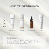Een infographic getiteld "HOW TO LAYER" die een ochtendroutine in vier stappen weergeeft: Cleanse (Surface Radiance Cleanse), Tone (Press & Glow), Vitamin C (C-Tetra Luxe) en Sunscreen (Advanced Day Ultimate Protect). Onderaan geeft expertadvies aan om Advanced Day Eye Protect aan de routine toe te voegen voor de bescherming van de kwetsbare huid rondom de ogen.