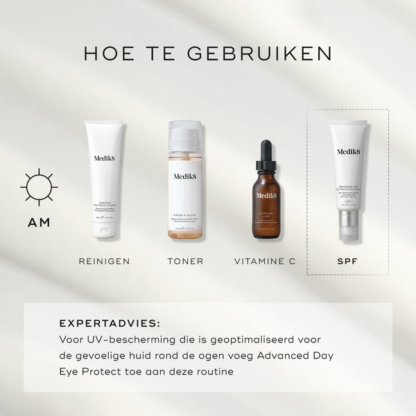 Een infographic getiteld "HOW TO LAYER" die een ochtendroutine in vier stappen weergeeft: Cleanse (Surface Radiance Cleanse), Tone (Press & Glow), Vitamin C (C-Tetra Luxe) en Sunscreen (Advanced Day Ultimate Protect). Onderaan geeft expertadvies aan om Advanced Day Eye Protect aan de routine toe te voegen voor de bescherming van de kwetsbare huid rondom de ogen.