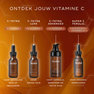 Drie Medik8 serumflessen uit de C-Tetra lijn staan op een rij tegen een warme oranje achtergrond met subtiele zeshoekige graphics. De afbeelding toont:

C-Tetra: serumfles met pipet, gemarkeerd als 7% Vitamine C, 'Nieuw met Vitamine C' en een lichte olie.

C-Tetra Luxe: serumfles met pipet, gemarkeerd als 14% Vitamine C, 'Voedende Glow' en een rijke olie.

C-Tetra Advanced: pompflacon gelabeld als 'Nieuw', gemarkeerd als 20% Vitamine C, 'Geavanceerde Anti-Aging' en een licht gel-serum.