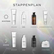 AM- en PM-skincareroutine-diagram dat laat zien hoe Medik8-producten gelaagd worden, inclusief reinigen, doelgericht serum, vitamine C, moisturiser en zonnebescherming.