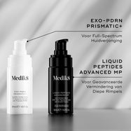 Medik8 Exo-PDRN Prismatic+ serum weergegeven naast Liquid Peptides Advanced MP als routinecombinatie voor geavanceerde vermindering van diepere rimpels.