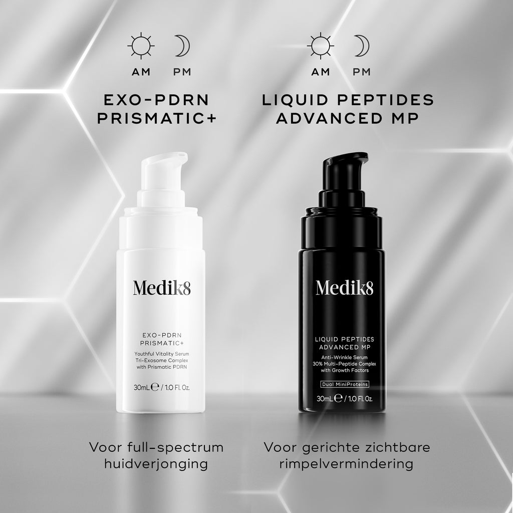Medik8 Exo-PDRN Prismatic+ serum weergegeven naast Liquid Peptides Advanced MP als routinecombinatie voor geavanceerde vermindering van diepere rimpels.